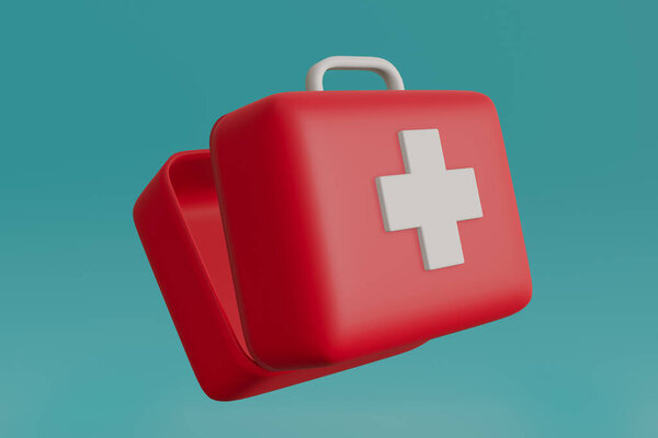 3d open red first aid kit floating in air, pills and capsule with syringe on isolated blue background, medical emergency kit bag concept patient and accident, 3d illustration render object minimal.