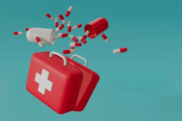 3d open red first aid kit floating in air, pills and capsule with syringe on isolated blue background, medical emergency kit bag concept patient and accident, 3d illustration render object minimal.