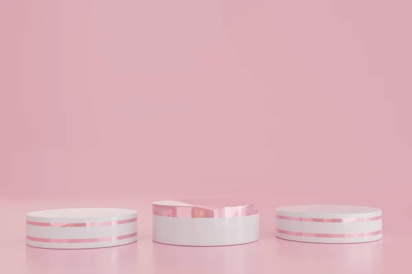 粉红背景的白色彩绘圆形讲台 概念工作室展示 产品装饰展示 展示产品 造型讲台 广告舞台基座平台 3D渲染 — 图库照片