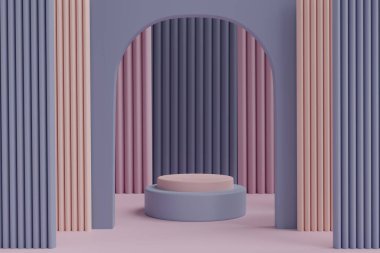 Soyut geometri silindiri şekli, podyum veya kaidesel renk podyumu, gelişmiş model arka plan, model ürün kozmetik gösterisi, pazarlama mevcut aşama, ürün görüntüleme 3d.