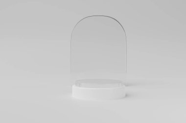  Soyut 3D gerçekçi sunum kaidesi podyumu Lüks Beyaz Arkaplan, Şeffaf cam şekil arkaplan, vitrin görüntüleme sunumu için minimal sahne modeli, tanıtım ekranı.