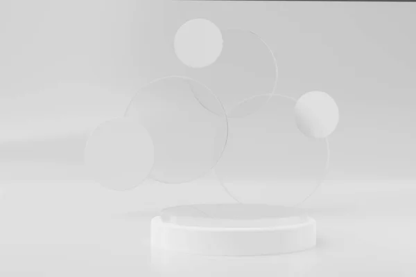 抽象的な3D現実的なレンダリング台座シリンダ表彰台の贅沢な白い背景 透明なガラスの形の背景 ショーケースのプロダクト表示の提示 昇進の表示のための最小の場面のモックアップ — ストック写真
