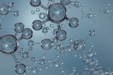 Biyoteknoloji bilim analizi konsepti, şeffaf atom ve molekül su yapısı, mavi arkaplan, laboratuvar, kimya, tıbbi araştırma ve geliştirme mikroskobundan, 3D resimleme