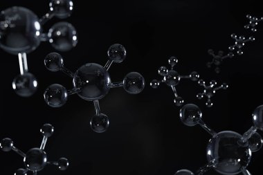 Biyoteknoloji bilim analizi konsepti, şeffaf atom ve molekül su yapısı, mavi arkaplan, laboratuvar, kimya, tıbbi araştırma ve geliştirme mikroskobundan, 3D resimleme