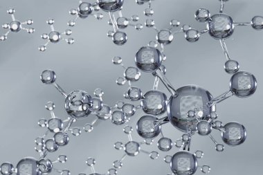 Biyoteknoloji bilim analizi konsepti, şeffaf atom ve molekül su yapısı, mavi arkaplan, laboratuvar, kimya, tıbbi araştırma ve geliştirme mikroskobundan, 3D resimleme