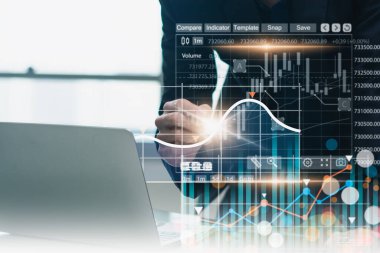 Borsa ticaret grafiği ve grafiği statik analitik piyasa şirketi, dizüstü bilgisayar kullanan iş adamı, yapay zeka ya da yapay zeka ya da yapay zeka ile pazarlama finansal analizi