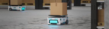 Konsept endüstri 4.0 akıllı araç özerk robot AGV (Otomatik güdümlü araç), depo lojistik ve ulaşım, mukavva kutu otomatik robot, fabrikada üretim, 3D resimleme