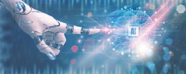 Robotik el dokunuşu yapay zeka, konsept robot kontrolü zekadan öğrenir ve otomasyon yapay zekası ya da iş, endüstri, illüstrasyon tasarımı ile yapay zeka ile çalışır..