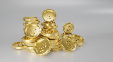 Gerçekçi altın sikkeler izole edilmiş beyaz arka plan, konsept işletme finansmanı, tasarruf, takas, döviz ticareti, mevduat, finansal büyüme, web pankartı için kopya alanı 3d resimleme.