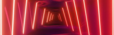 Siber punk ışıltısı arka plan, 3D canlandırma koyu arkaplan, fütüristik bilim kurgu soyut kırmızı ve turuncu neon ışık, parlayan çizgi, mor neon lazer ışığı, tünel, koridor, sanal gerçeklik sahnesi.