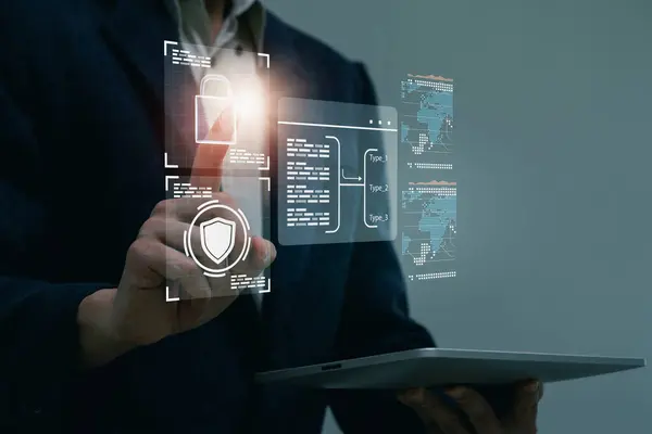 Cyber security and futuristic technology concept businessman using digital identity pernal interface,to scan password,with technology icons and padlock,with artificial intelligence system or ai.