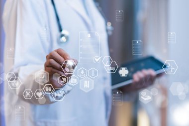 AI teknolojisi ile dijital sağlık hizmeti, sistem analizi ağ bağlantıları sanal ekran arayüzü, çevrimiçi tıbbi inceleme analizi raporu, panoramik başlık.