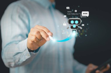 Business professional using stylus with holographic AI chatbot interface, symbolizing intelligent digital assistant, customer service automation, and secure communication modern business technology.