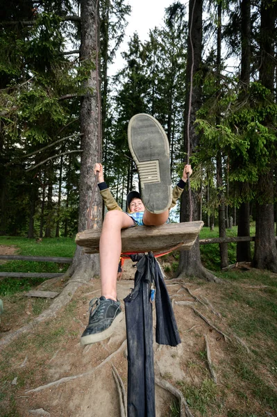 Boy Swings Swing Somewhere Forest Walk Carpathians Summer — 스톡 사진