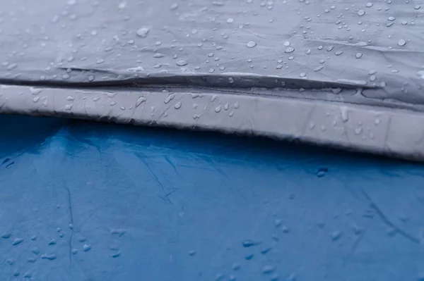 Raindrops Blue Tent Close Water Droplets Tent Rain — Foto de Stock