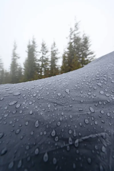 Raindrops Blue Tent Close Water Droplets Tent Rain Foggy Morning — Zdjęcie stockowe