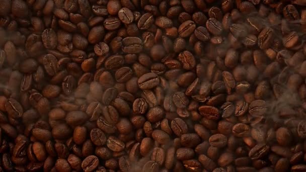 Konsistensen Rostade Kaffebönor Framhävs Ett Varmt Gult Ljus Lätt Rök — Stockvideo