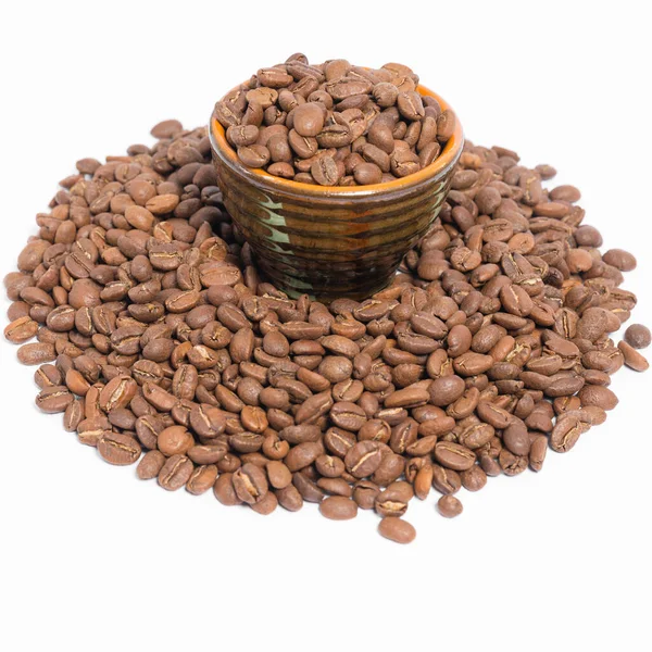 Small Saucer Coffee Beans Stands Pile Coffee White Background Copy — Stock Photo, Image