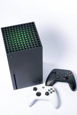 Ivano-Frankivsk, Ukraine August 14, 2022: Gamepad Microsoft Xbox Wireless Controller, gamepad and console on a white background, black and white gamepads.