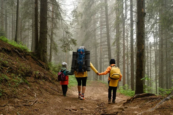 Stock image Mother with two children and backpacks in the forest, hiking with children, hikers in the fog between tall trees, family vacation.