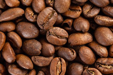 Kahve çekirdekleri detaylı arka plan, aromatik kahve çekirdekleri, metin yeri, kahve ve fotokopi alanı manzarası..