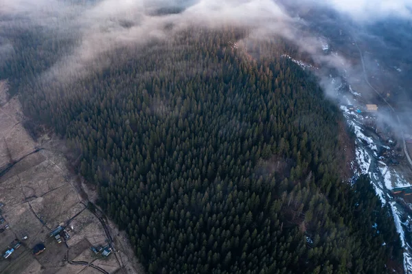 Верхній Вигляд Гірського Села України Взимку Вічнозеленого Лісового Масиву — стокове фото