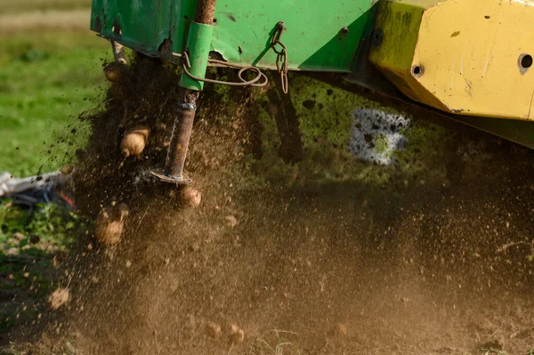 감자를 수확하는 기계화 트랙터의 진동하는 화면을 감자를 운반하는 — 스톡 사진