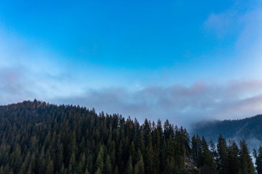Dağların atmosferik manzarası, yüksek dağlar, yoğun sis, yağmurlu hava, dağların tepeleri, kalın bulutlar, ilkbaharın başlarında şafak vakti dağlar..