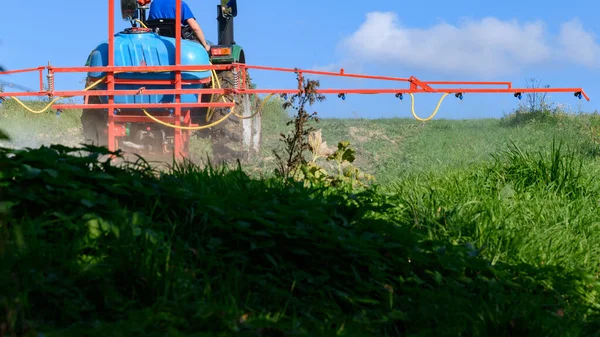 소규모 농업용 트랙터가 제초제를 사용하여 잡초를 제거하고 처리를 — 스톡 사진