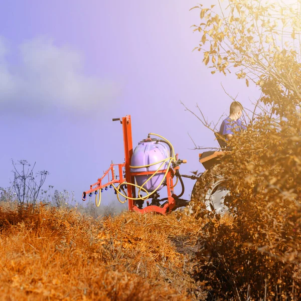소규모 농업용 트랙터가 제초제를 사용하여 잡초를 제거하고 처리를 — 스톡 사진
