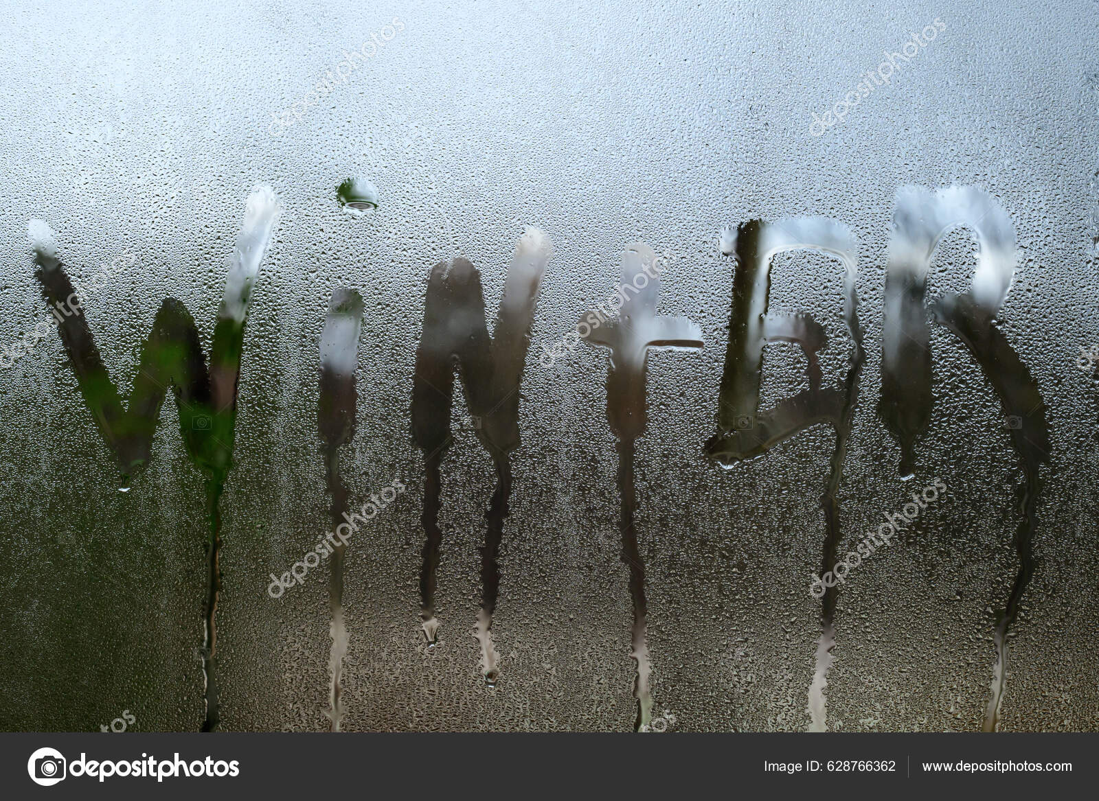 Надпись Зима Окрашена Стекле Конденсацией Эффект Туманных Окон.