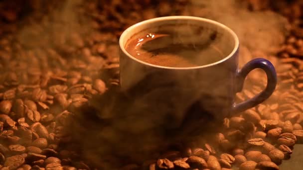 Una Taza Café Entre Granos Café Tostados Humo Ligero Video — Vídeos de Stock