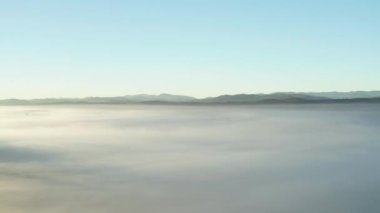 Drone flight over village with morning fog, panoramic view and panoramic 4k video, Ukrainian village at dawn.