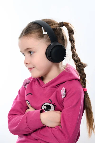 Girl White Background Headphones Her Head Portrait Small Cute Girl — Fotografia de Stock
