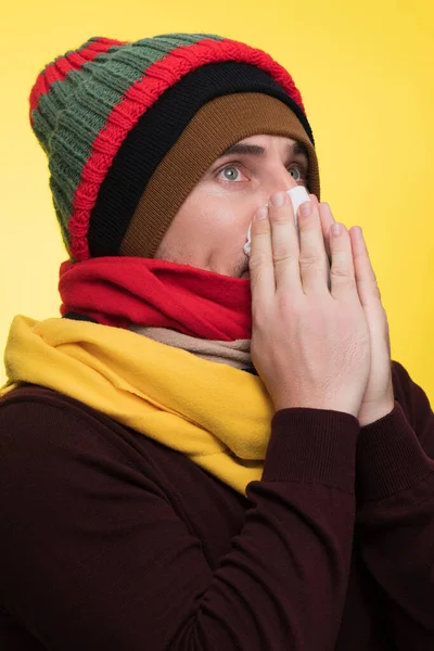Young Sad Man Wearing Burgundy Sweater Yellow Scarf Hat Hold — Stock Photo, Image