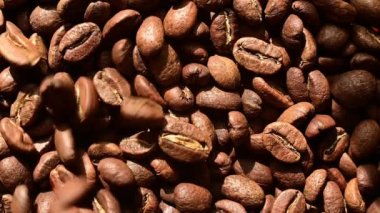 Coffee beans falling close-up, slow motion video with coffee on black background, coffee backlight.