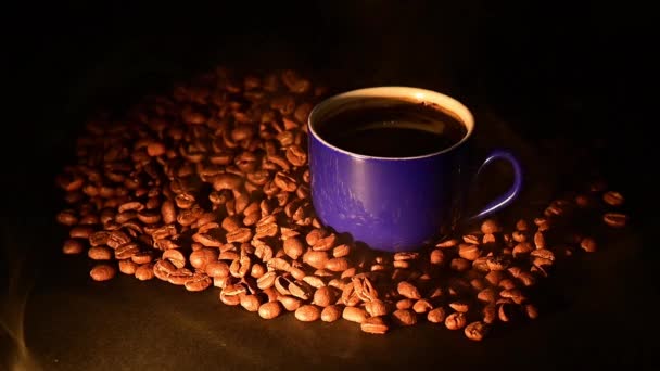 Cup Coffee Roasted Coffee Beans Light Smoke Video Slow Motion — Stock Video