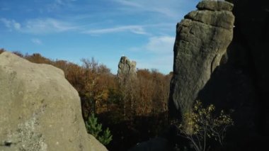 HD video of the rocks of Dovbush, flying between the rocks with a drone, a place for beginner climbers, hd video of a drone.