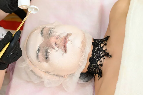 Patient Face Covered Gauze Beautician Applies Cream Girl Face Spatula — Stock Photo, Image