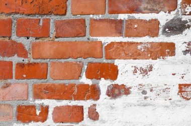 Eski duvarın arka planı, çimento kireç harcı ile döşenmiş kahverengi tuğlalardan yapılmıştır.