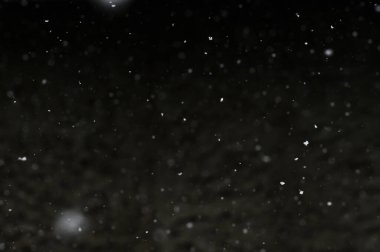 Falling snowflakes on night sky background, isolated for post production and overlay in graphic editor. Bokeh of white snow on a square shape gray background.
