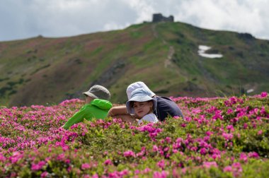 Three children sat down to rest on a lawn with rhododendrons against the background of Mount Pip Ivan, summer active recreation for children. clipart