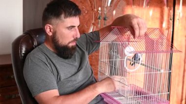 Bir adam evcil bir papağana bakıyor, papağan aksesuarlarını kafese takıyor, hayvan bakımı yapıyor..