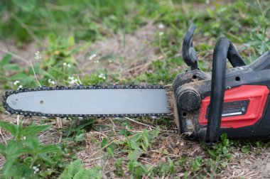 Kablosuz testere çimlerin üzerinde yatıyor. Tahta işçiliği için elektrikli testere, çıkarılabilir pillerle testere..