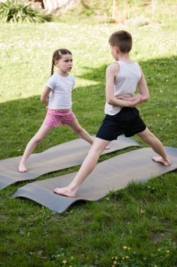 İki çocuk, bir erkek ve bir kız, dışarıda çimenli bir yerde egzersiz paspasları üzerinde yoga pozları veriyorlar. Çalışmalarına odaklanmış ve meşgul görünüyorlar..