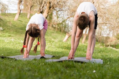 Güneşli bir park ortamında iki çocuk yoga minderleri üzerinde viraj yapıyor. Huzurlu bir spor salonu..