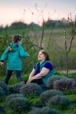 Yaşlı bir kadın ve genç bir kızın lavanta tarlasında iç açıcı bir sahne. Yumuşak ışık ve huzurlu ortam huzurlu bir atmosfer yaratır. Nesil bağlantısı.