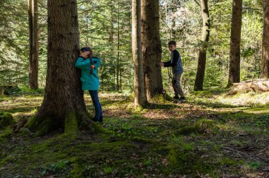 İki çocuk, bir oğlan ve bir kız ormanda ağaçların arasında saklambaç oynuyorlar. Güneş ışığı yaprakların arasından süzülüp orman zemininde noktalı bir etki yaratıyor..