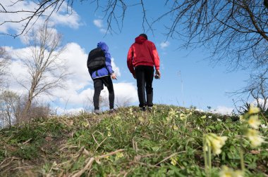 İki birey yokuş yukarı tırmanıyor, sırtları kameraya dönük. Sahne, yol boyunca açan kır çiçekleriyle güneş ışığıyla yıkanır. Açık mavi bir gökyüzü canlı bir zemin sağlar.