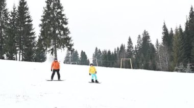 Karlı, ağaçlık bir alanda iki kişi kayak yapıyor. Sahne huzurlu ve sakin, kış tatili sergileniyor..